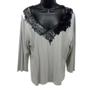 Coldwater‎ Creek Top L Gray Black Silk Blend Knit Lace Sequins V Neck Pullover